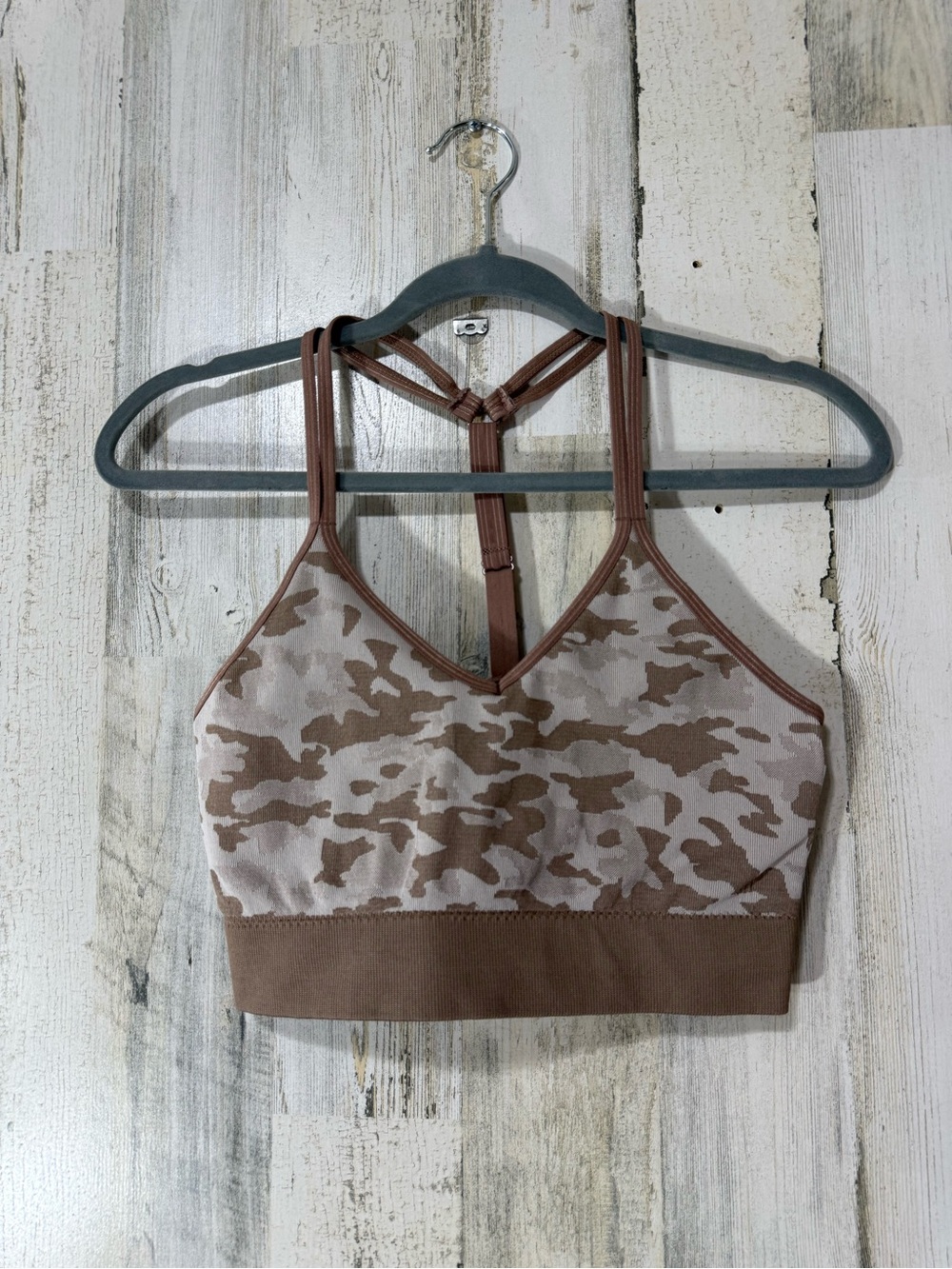 RBX Taupe & Cream Camo Strappy Sports Bralette